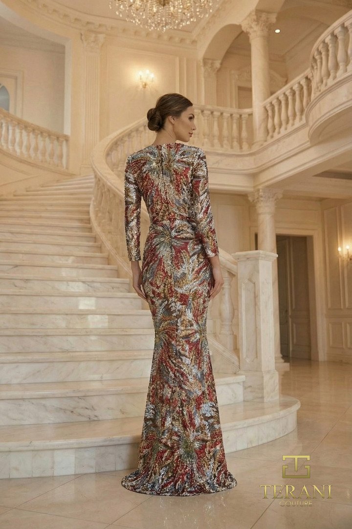 Terani Couture 262M7320 Printed Sequins Long Sleeves Gown