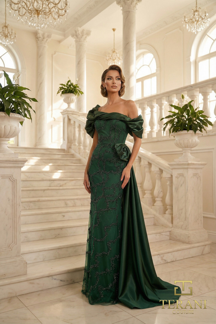 Terani Couture 262M7321 Tulle Shimmer Off-Shoulder Gown