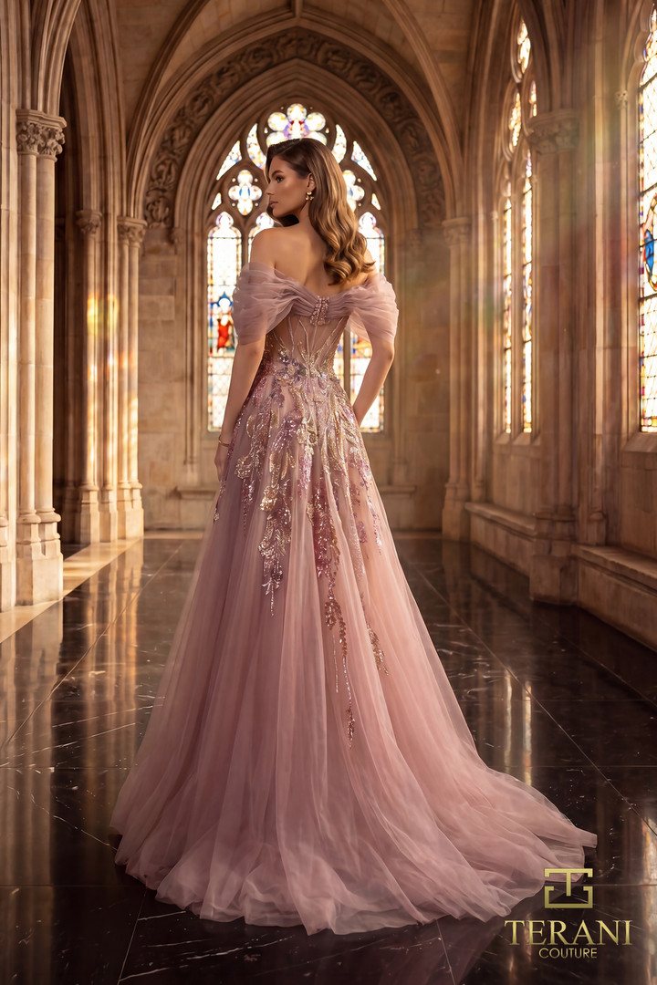 Terani Couture 262M7322 Beads Tulle Off-Shoulder A-Line Gown