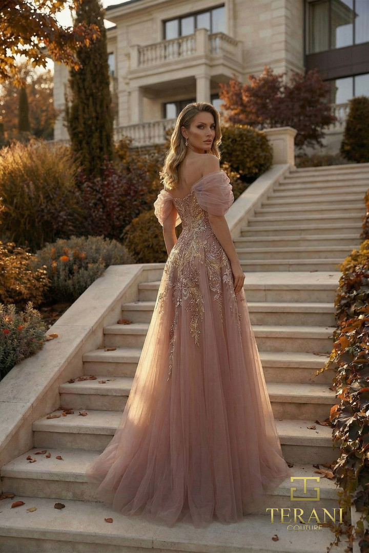 Terani Couture 262M7322 Beads Tulle Off-Shoulder A-Line Gown