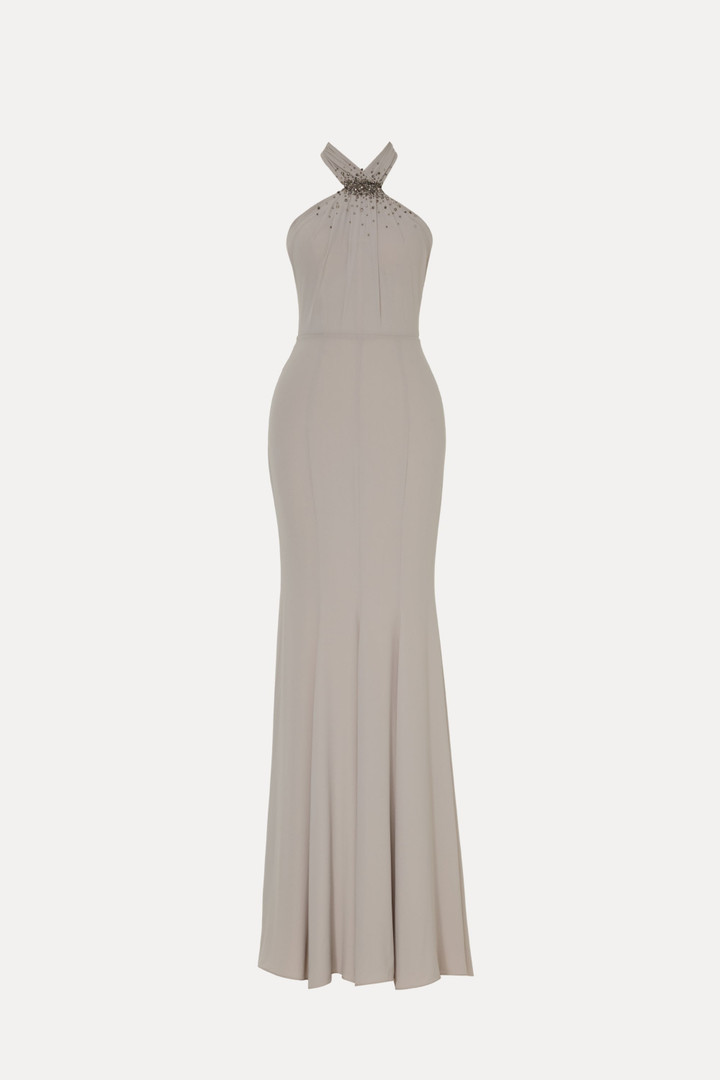 Tarik Ediz 66495 Crepe Stretch Satin Beaded Halter Neck Gown
