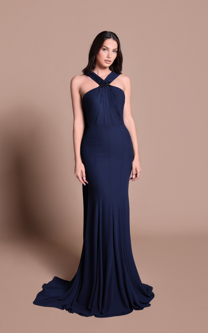 Tarik Ediz 66495 Crepe Stretch Satin Beaded Halter Neck Gown