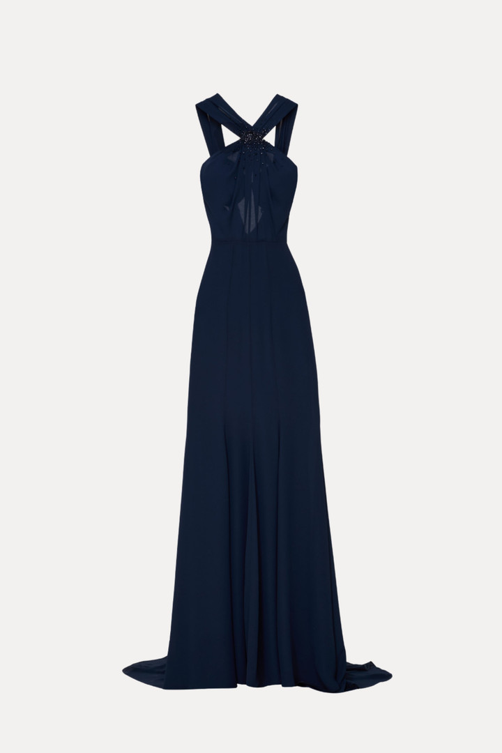 Tarik Ediz 66495 Crepe Stretch Satin Beaded Halter Neck Gown