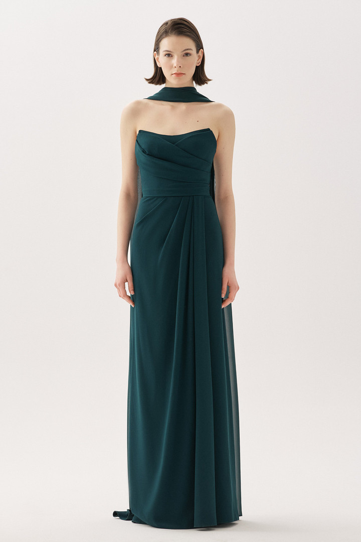 Tarik Ediz 66524 Crepe Satin Tulle Strapless Pleating Gown