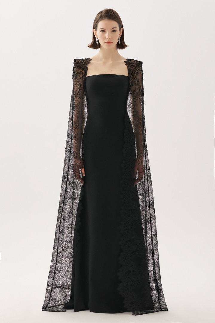 Tarik Ediz 66529 Crepe Lace Satin Beaded Sleeveless Gown