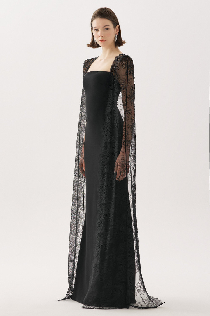 Tarik Ediz 66529 Crepe Lace Satin Beaded Sleeveless Gown
