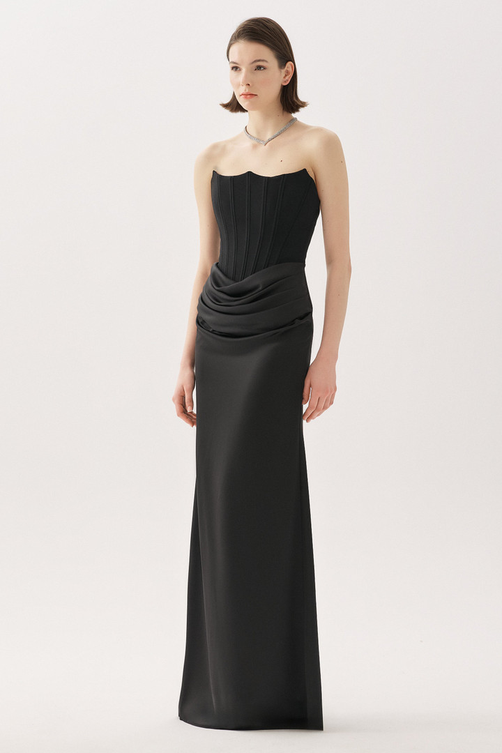 Tarik Ediz 66544 Crepe Satin Strapless Sleeveless Long Gown