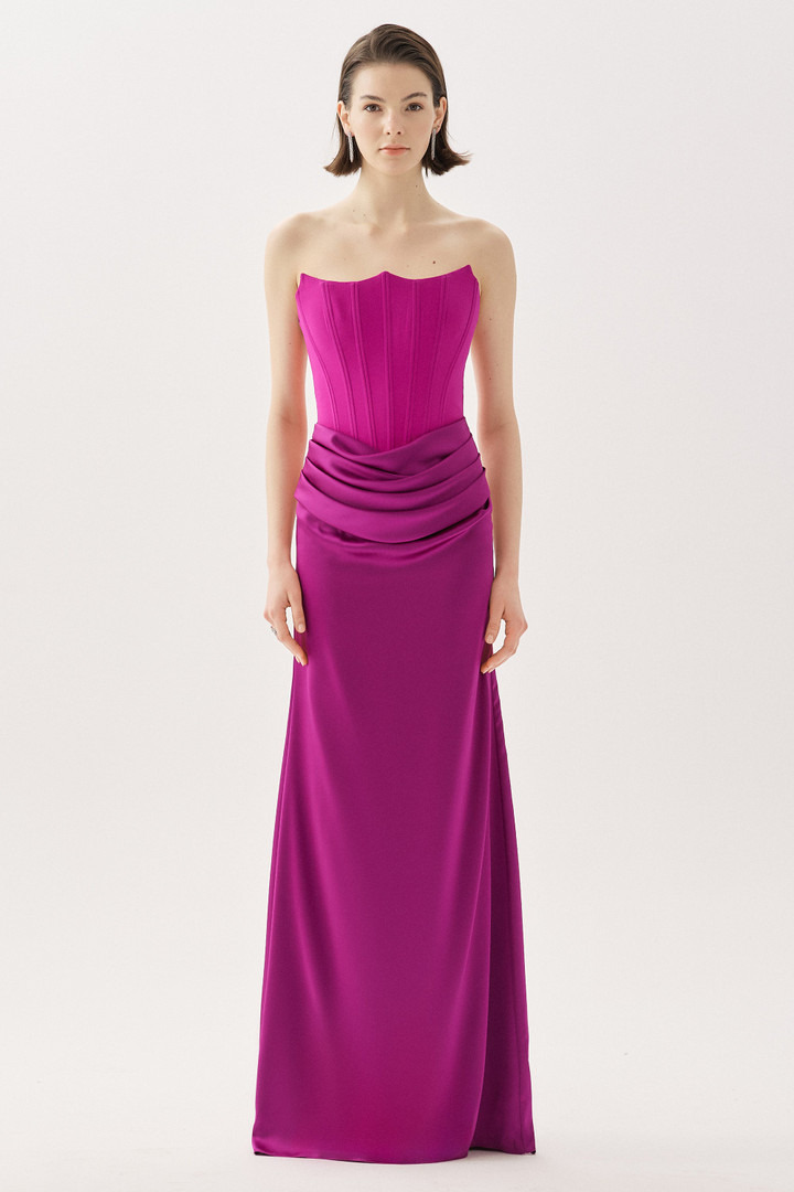 Tarik Ediz 66544 Crepe Satin Strapless Sleeveless Long Gown