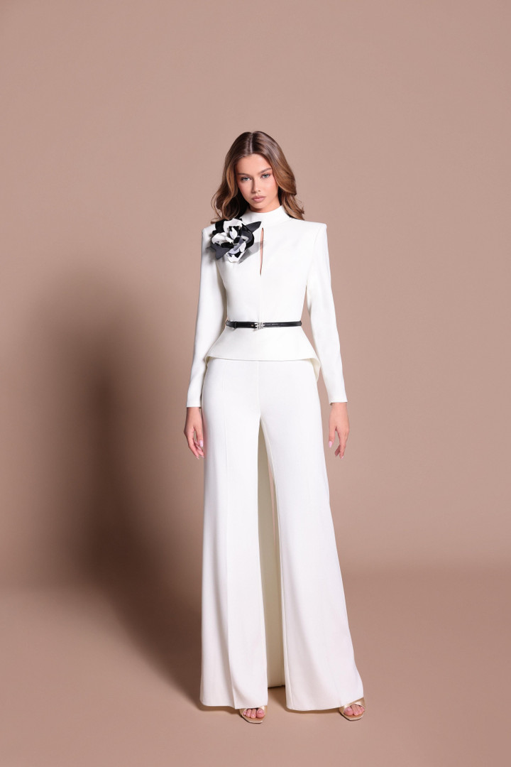 Tarik Ediz 66609 Crepe Long-Sleeve High-Neck Cutout Gown