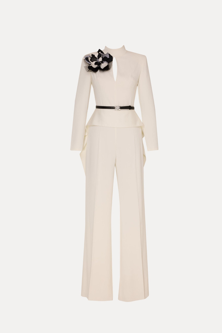 Tarik Ediz 66609 Crepe Long-Sleeve High-Neck Cutout Gown