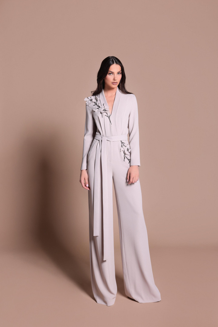 Tarik Ediz 66619 Crepe Polyester V-Neck Long-Sleeve Gown