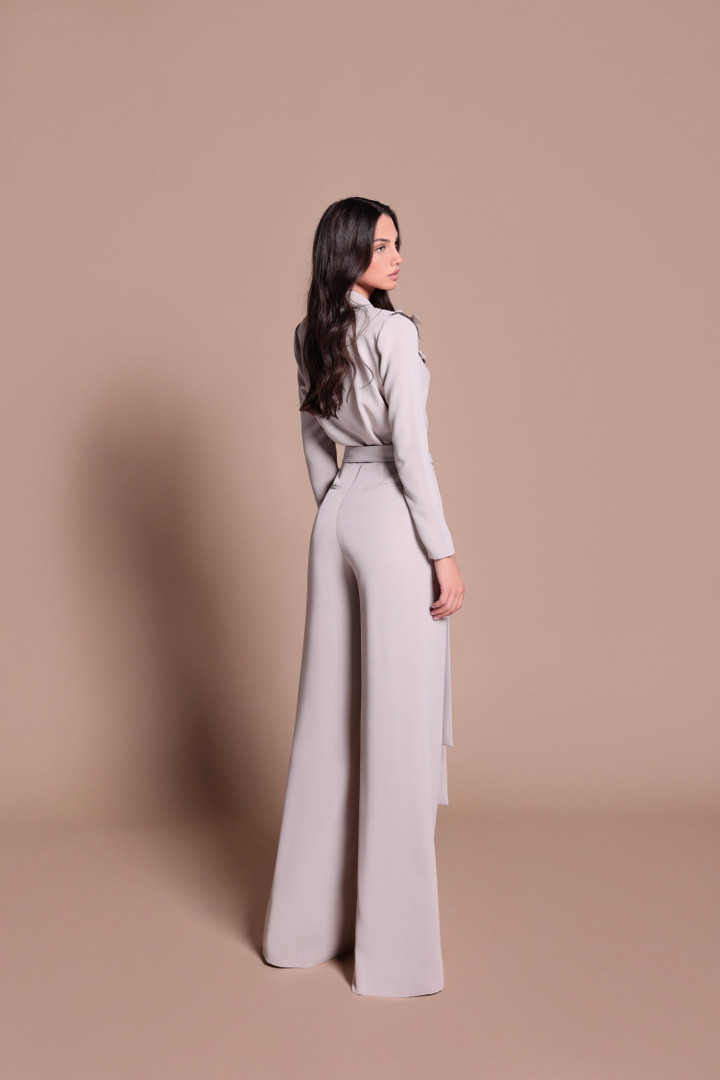 Tarik Ediz 66619 Crepe Polyester V-Neck Long-Sleeve Gown
