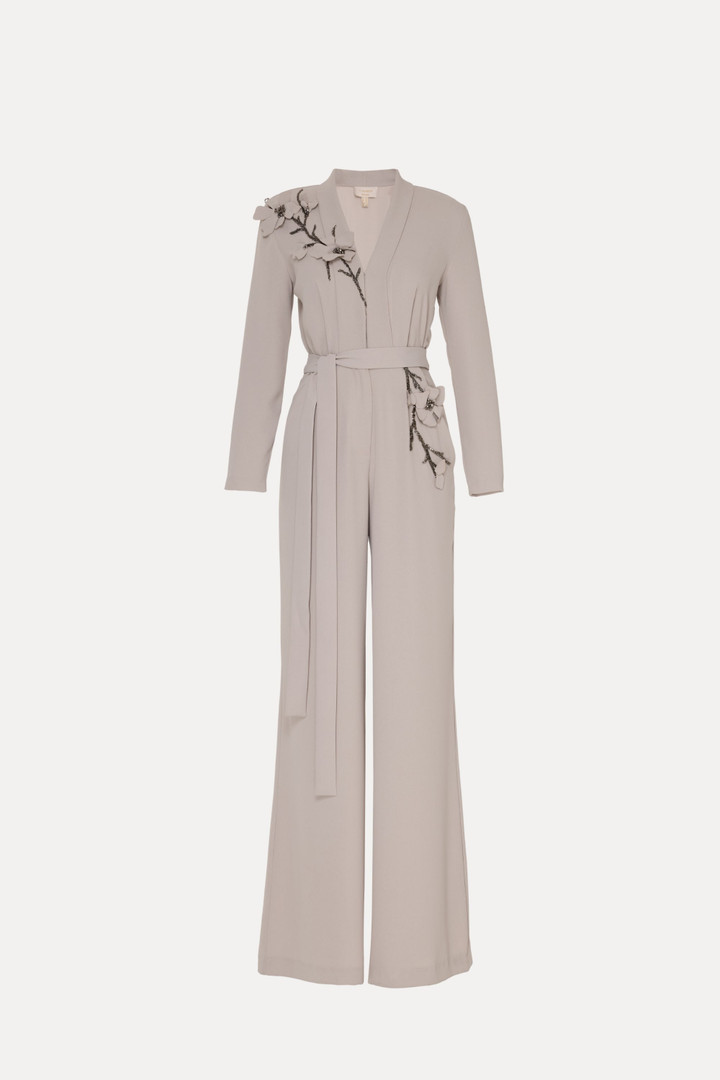 Tarik Ediz 66619 Crepe Polyester V-Neck Long-Sleeve Gown