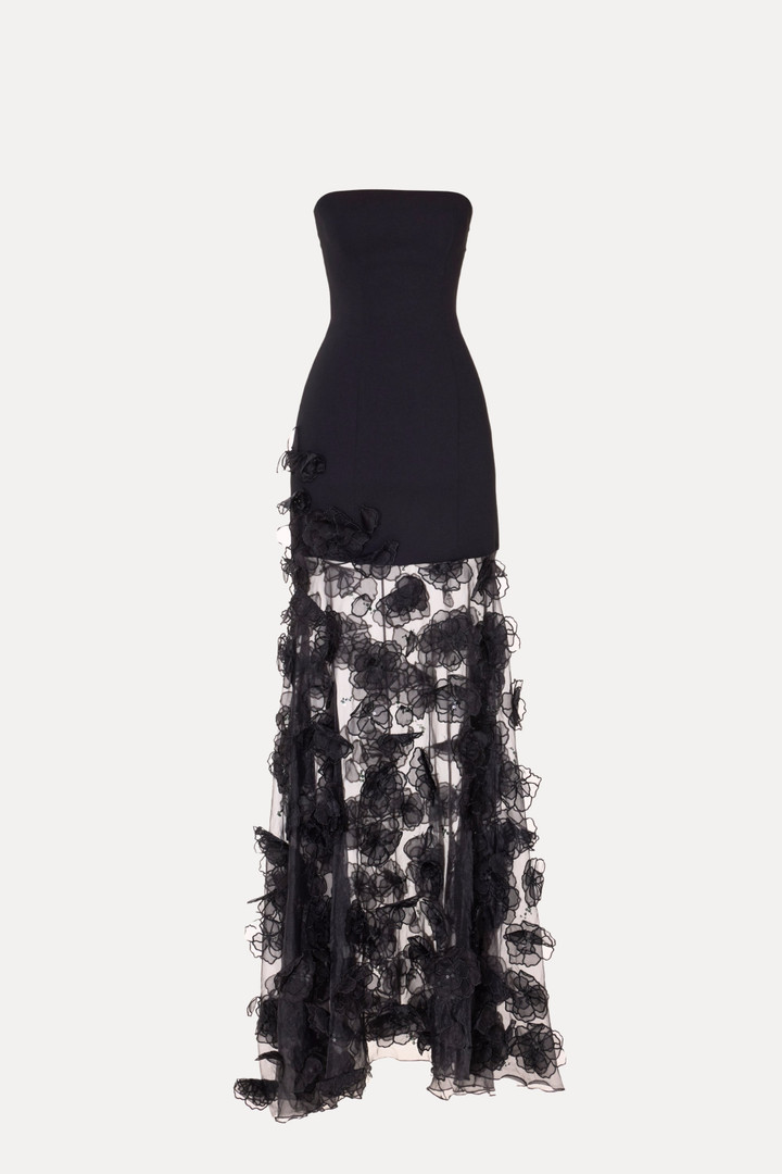 Tarik Ediz 66656 Crepe Satin Straight Neck Strapless Gown