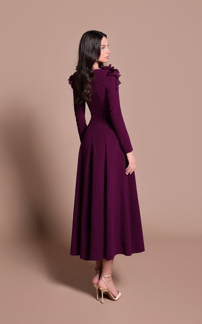 Tarik Ediz 66668 Crepe Round Neck Long Sleeve Midi Dress
