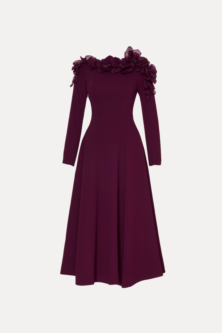 Tarik Ediz 66668 Crepe Round Neck Long Sleeve Midi Dress