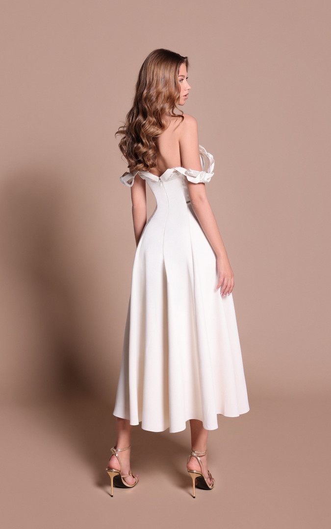 Tarik Ediz 66669 Crepe Satin Silk Off-Shoulder Midi Dress