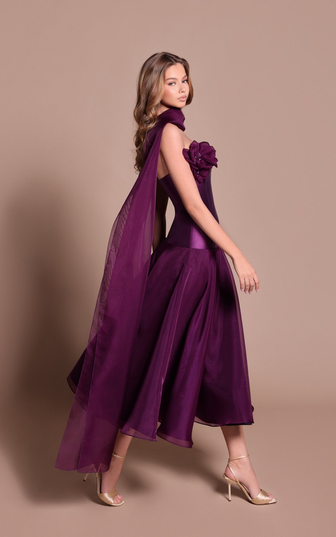 Tarik Ediz 66670 Taffeta Floral Embellishments Midi Dress