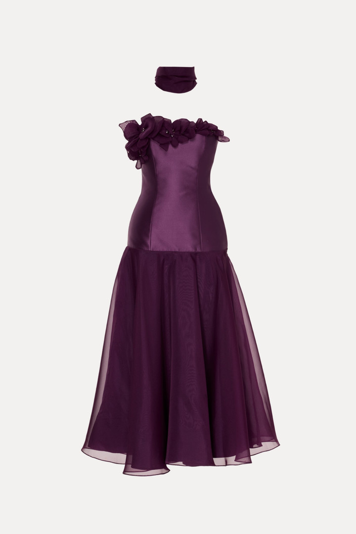 Tarik Ediz 66670 Taffeta Floral Embellishments Midi Dress