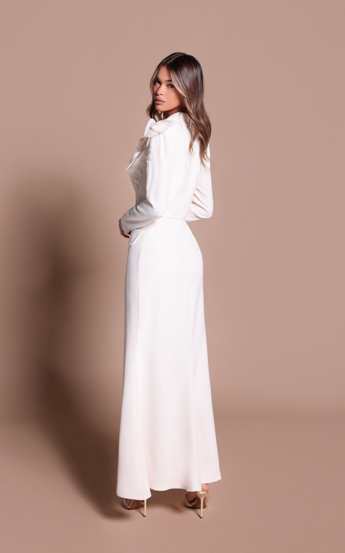 Tarik Ediz 66698 Crepe V-neckline Long Sleeves A-line Dress