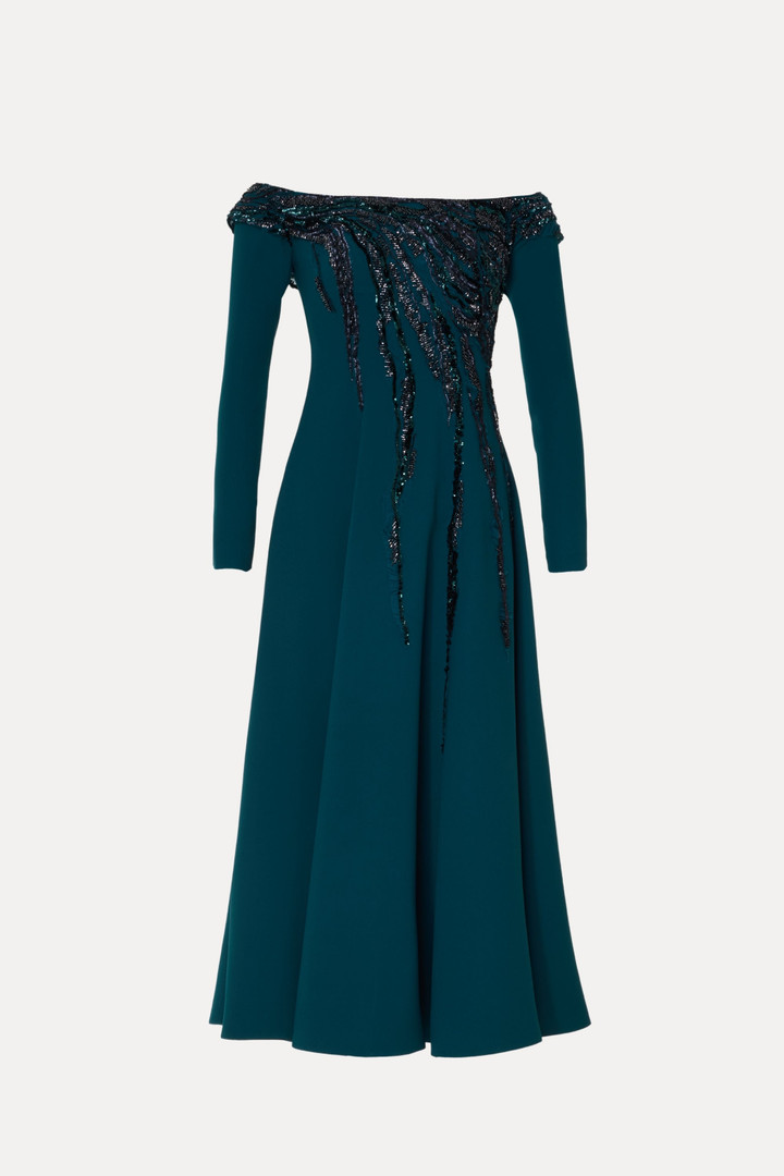 Tarik Ediz 66706 Crepe Off-shoulder Long Sleeve Midi Dress