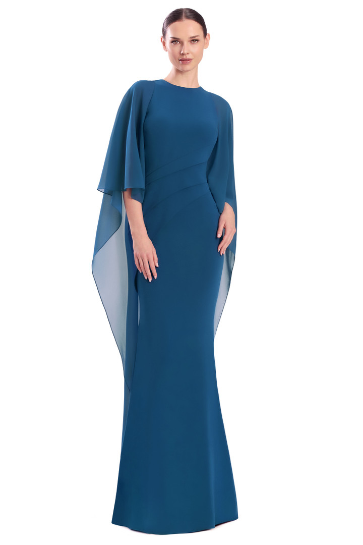 Alexander by Daymor 3308F26 Crepe Round Neck Drape Cape Gown