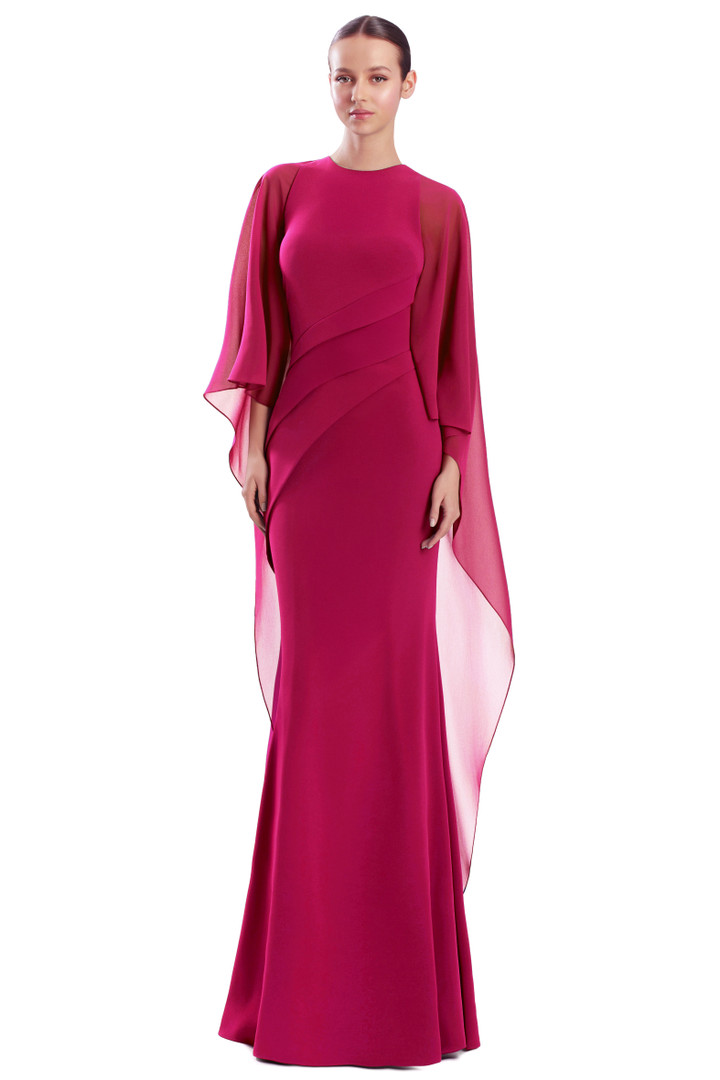 Alexander by Daymor 3308F26 Crepe Round Neck Drape Cape Gown
