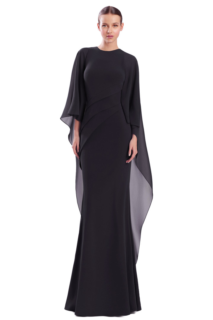 Alexander by Daymor 3308F26 Crepe Round Neck Drape Cape Gown