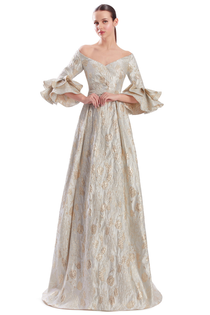 Alexander by Daymor 3322F26 Off-Shoulder Flounce Sleeve Gown