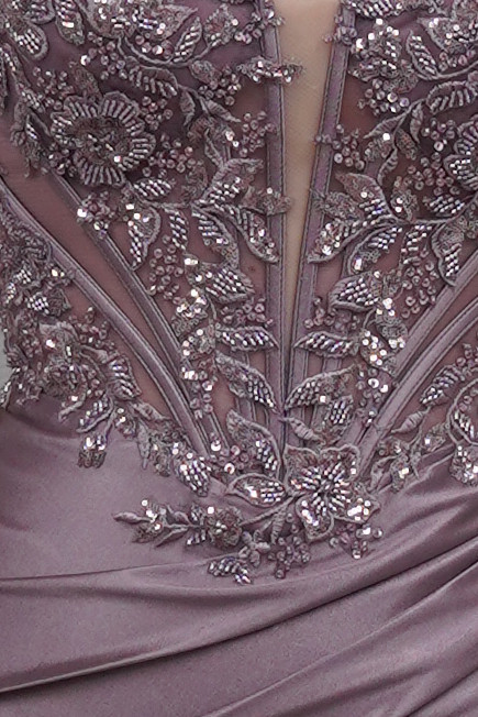 Nox Anabel E7049 Satin Beaded Floral Lace Ruched Mini Dress