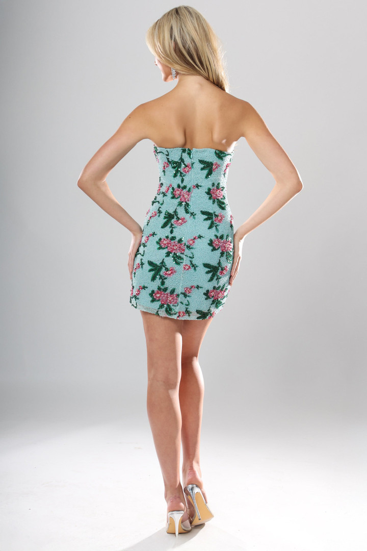 Jovani 51557 Jacquard Floral Sequin Strapless Mini Dress