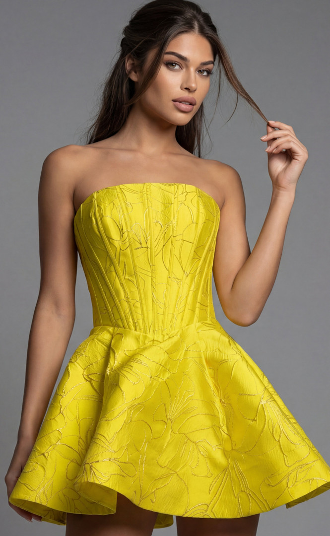 Jovani 51709 Brocade Structured Floral Strapless Mini Dress