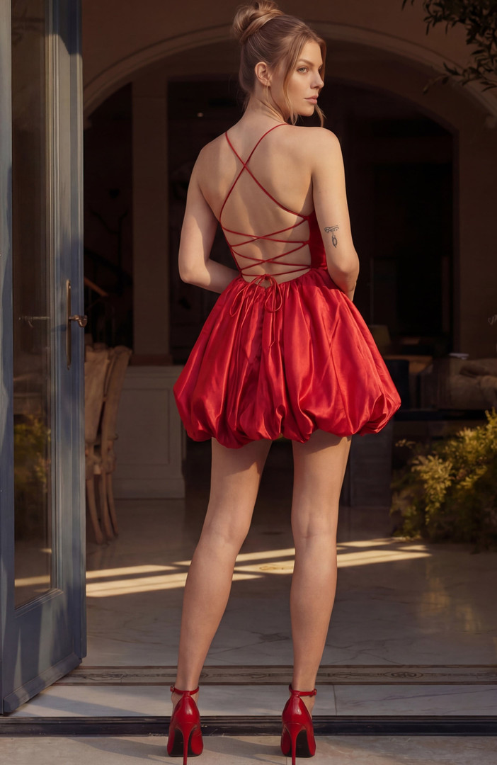 Jovani 52145 Satin Bubble Hem Spaghetti Straps Mini Dress