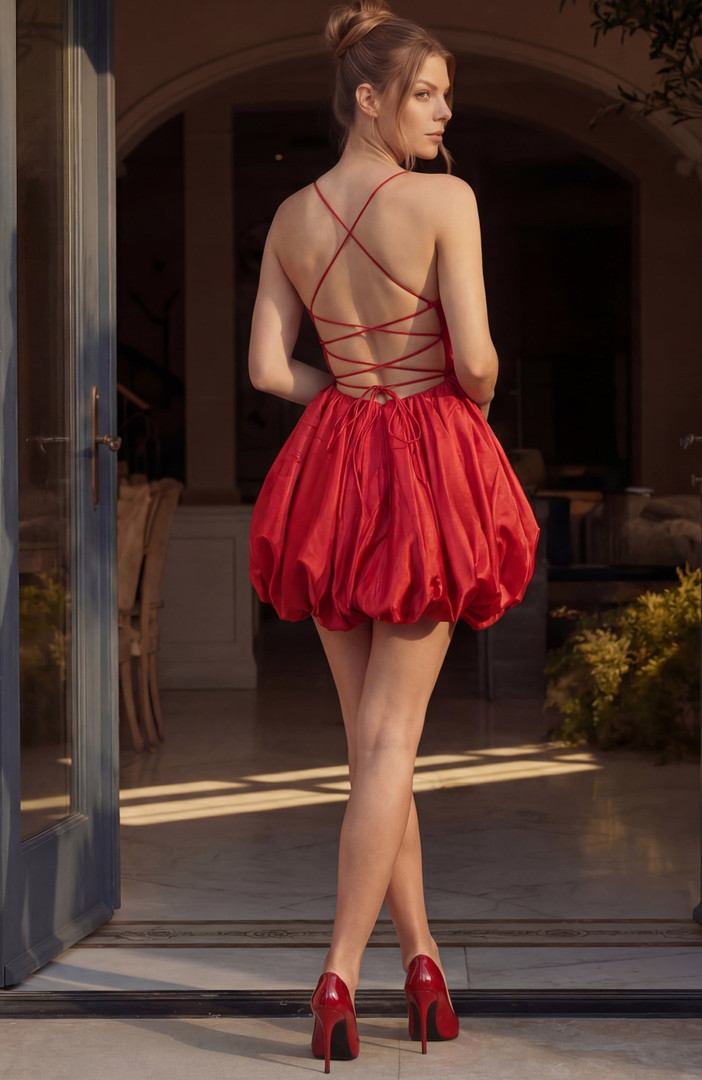 Jovani 52145 Satin Bubble Hem Spaghetti Straps Mini Dress
