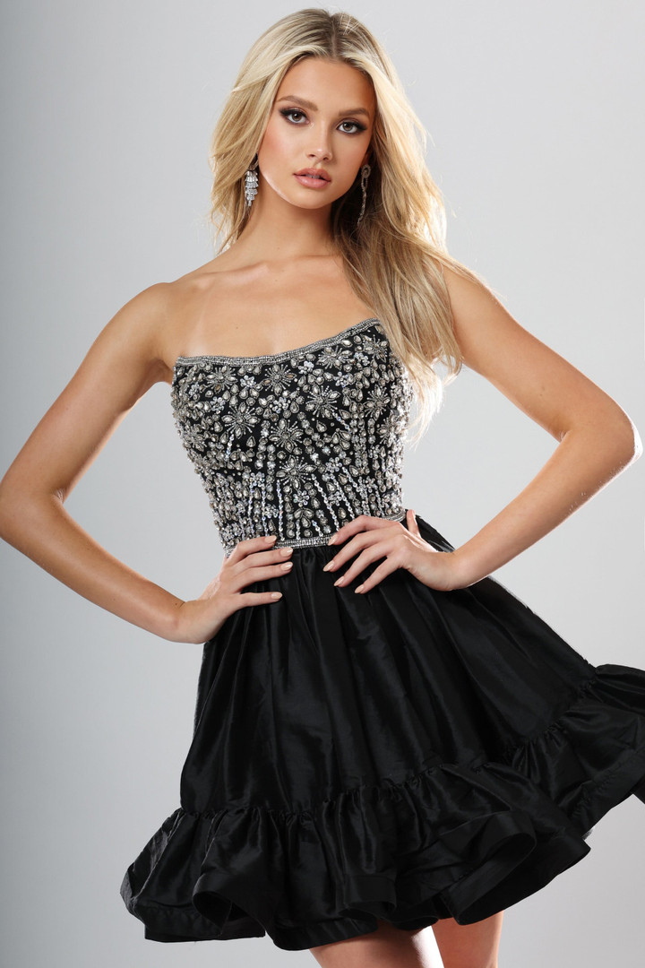 Jovani 52439 Taffeta Beaded Ruffle Strapless Mini Dress