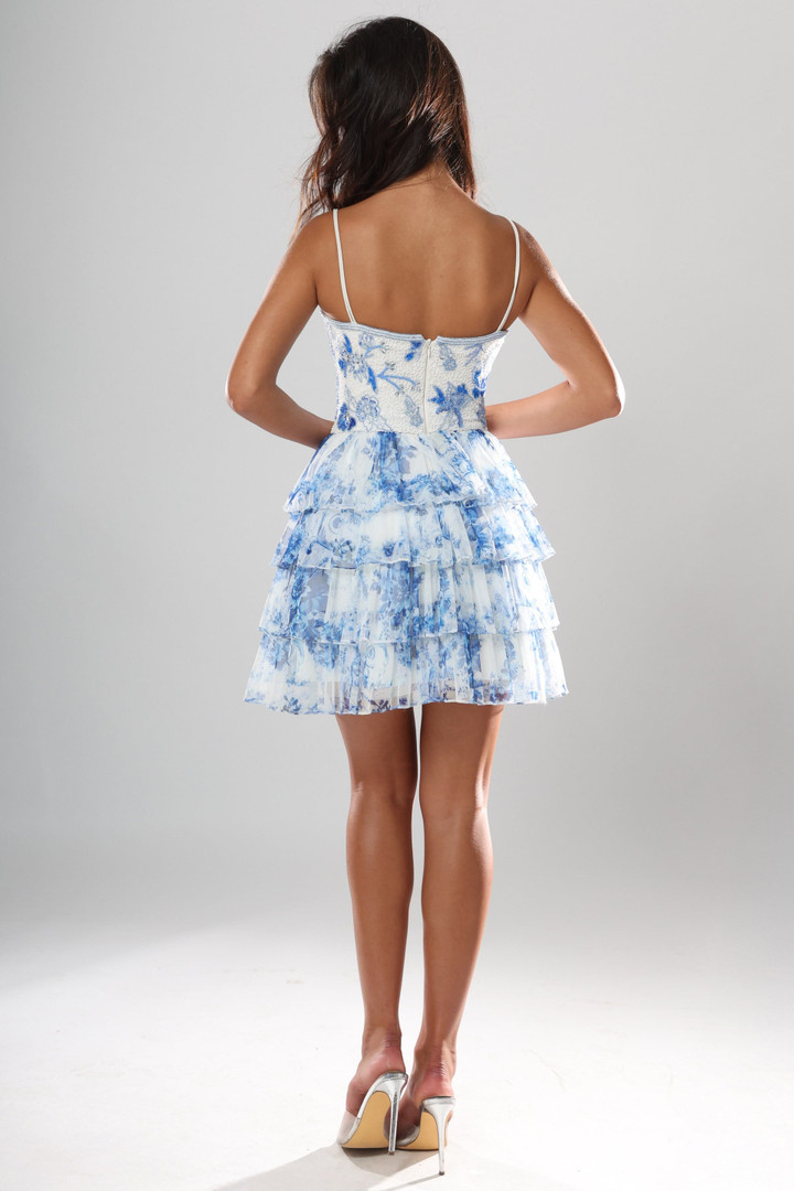 Jovani 52444 Chiffon Floral Print Ruffle Skirt Mini Dress
