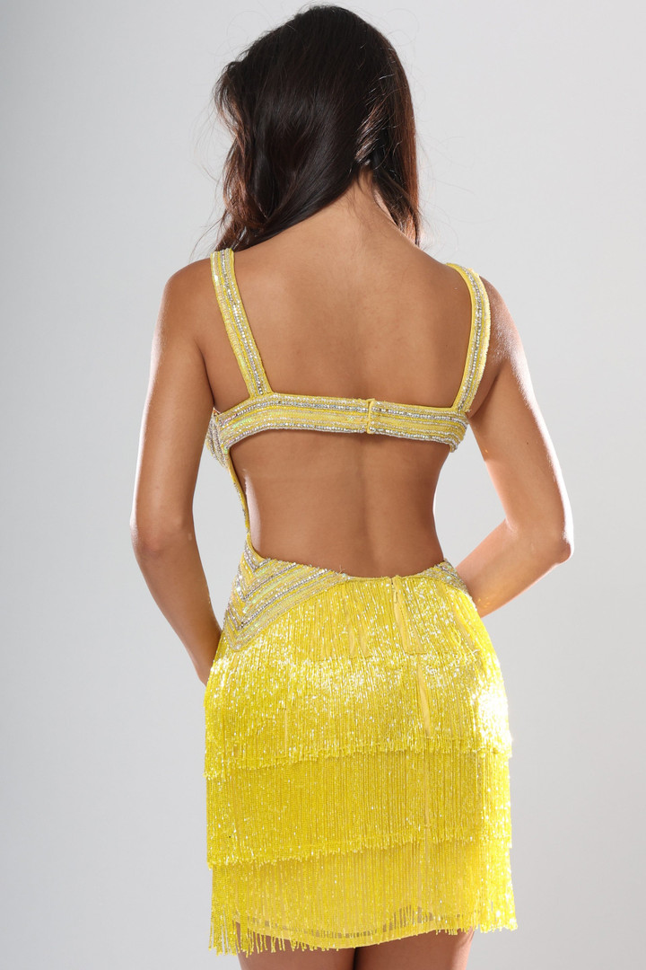 Jovani 53565 Beaded Fringe Hem V-Neck Sleeveless Mini Dress
