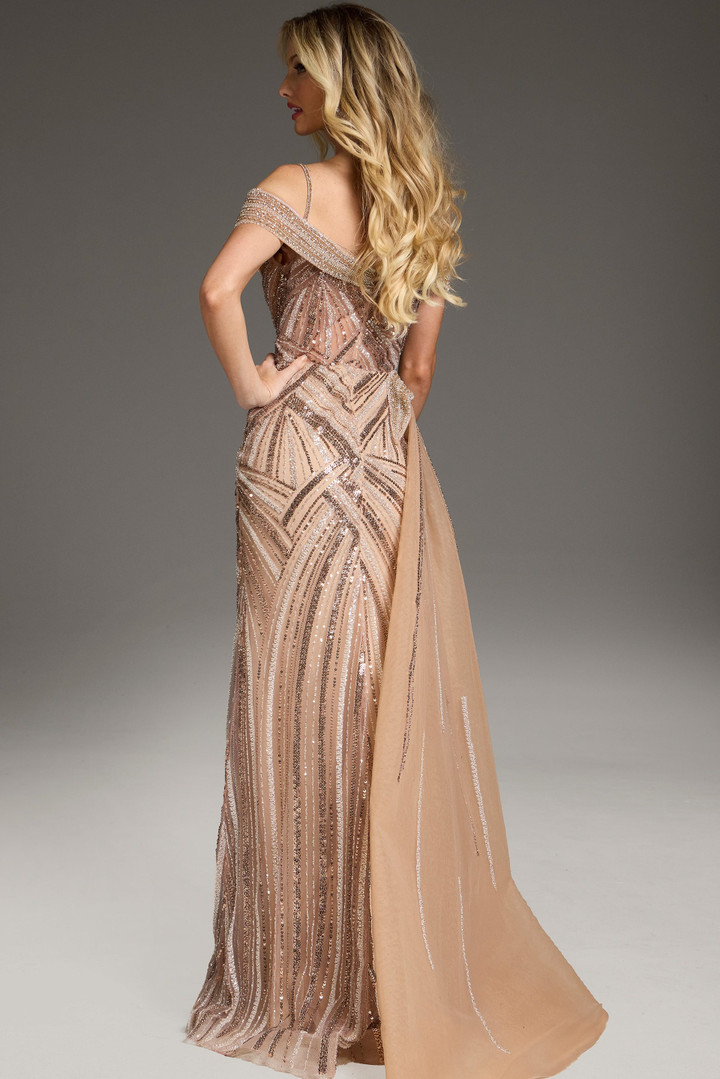 Jovani 44843 Tulle Beads Embroidery Off-Shoulder Straps Gown