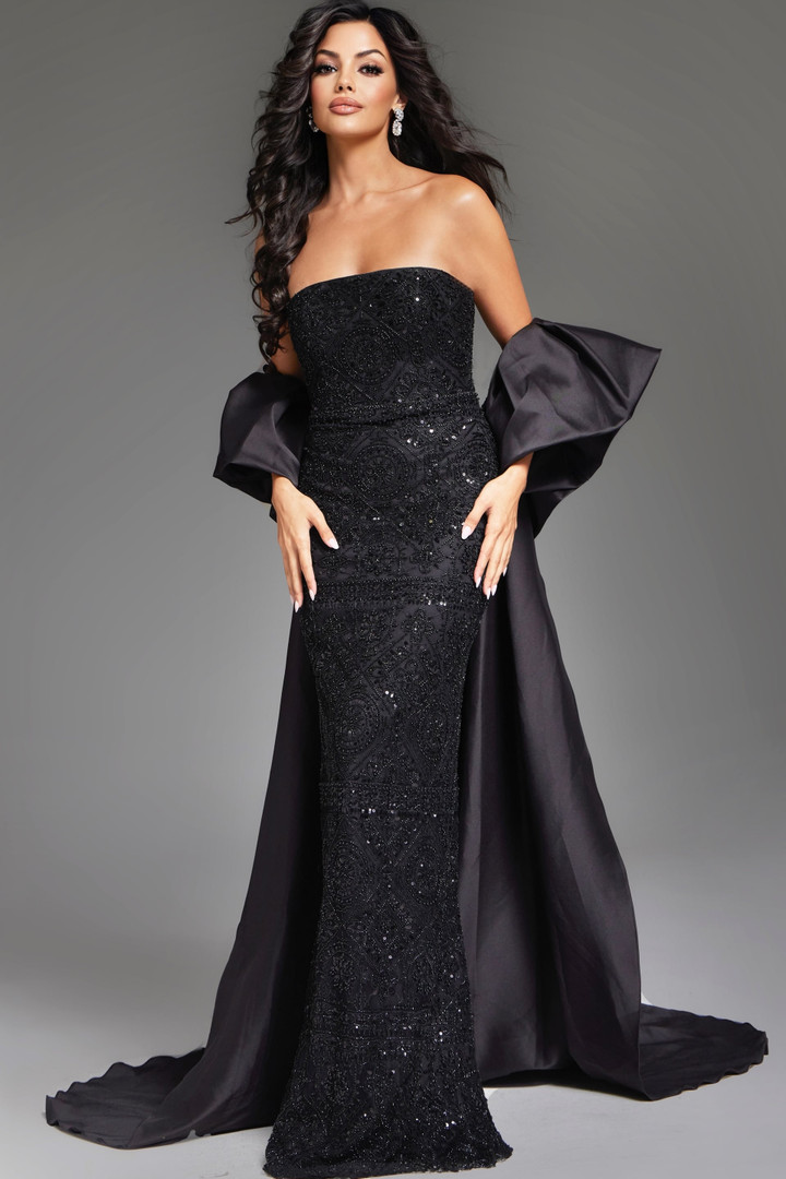 Jovani 42137 Draped Satin Beaded Embroidered Strapless Gown