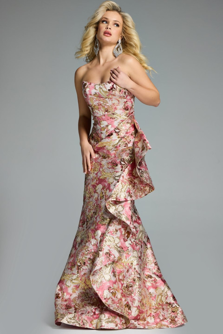Jovani 42927 Metallic Jacquard Floral Print Strapless Gown