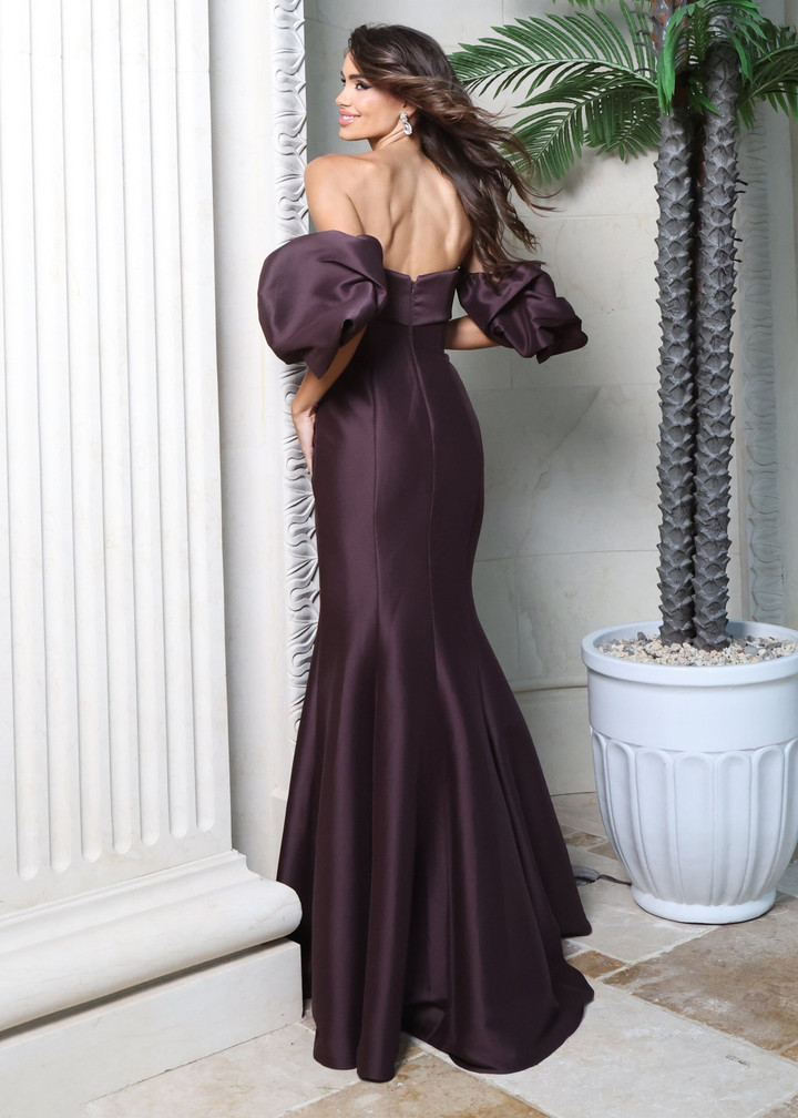 Jovani 51577 Satin Straight Off-Shoulder Puff Sleeve Gown