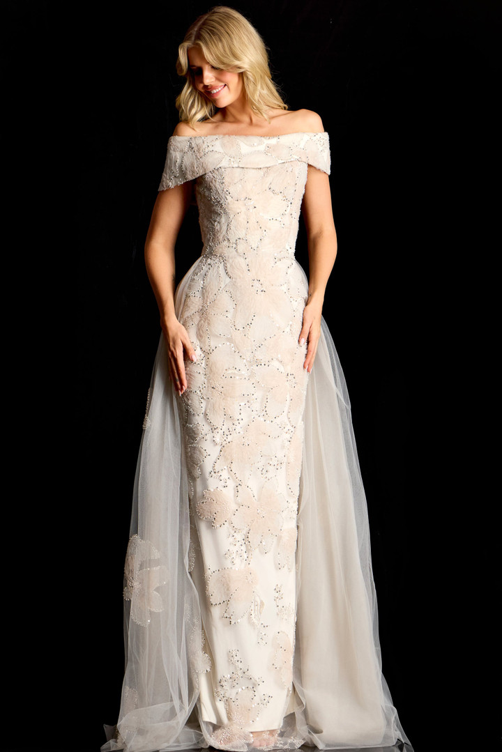 Jovani 46034 Lace Tulle Embellished Sheer Overskirt Gown