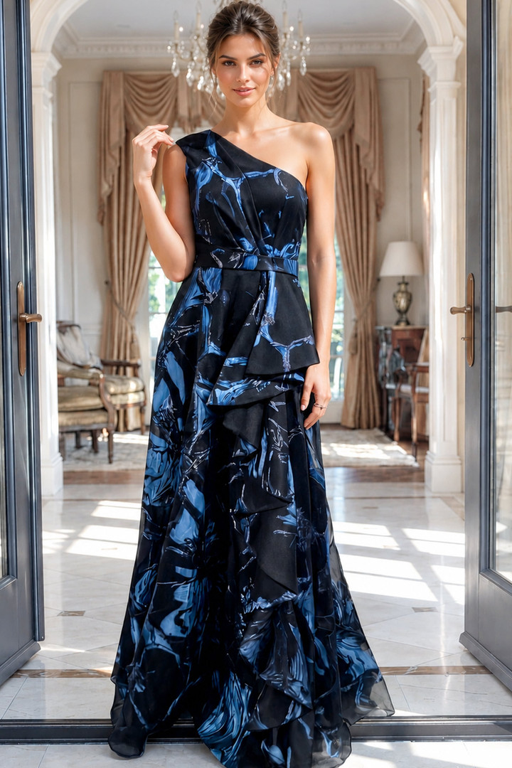 Jovani 46319 Jacquard Floral Metallic One Shoulder Gown