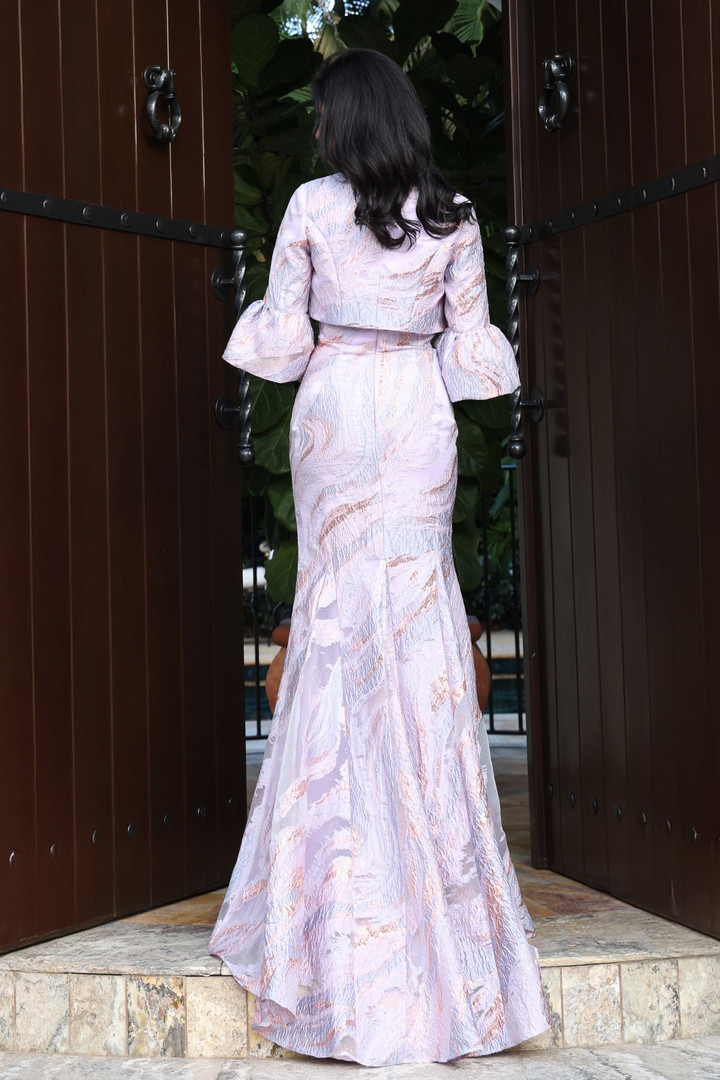 Jovani 51654 Lace Metallic Floral Pattern Bell Sleeves Gown