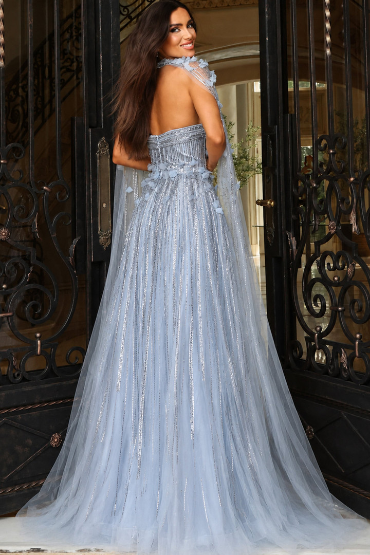 Jovani 48426 Tulle Embellished Sweetheart Neck Cape Gown