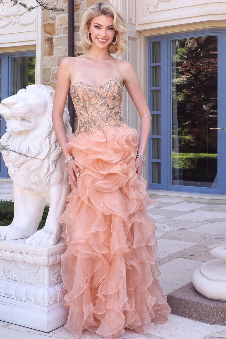 Jovani 48746 Crystal Beaded Mesh Ruffle Strapless Gown