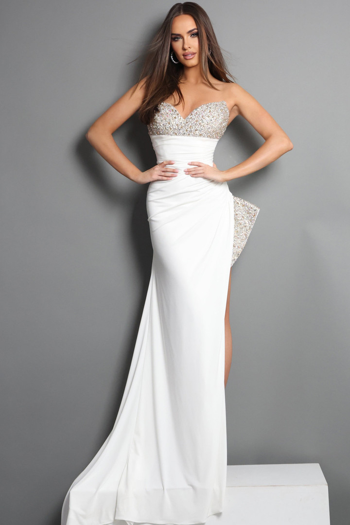 Jovani 49577 Crepe Beaded Strapless Side Overskirt Dress