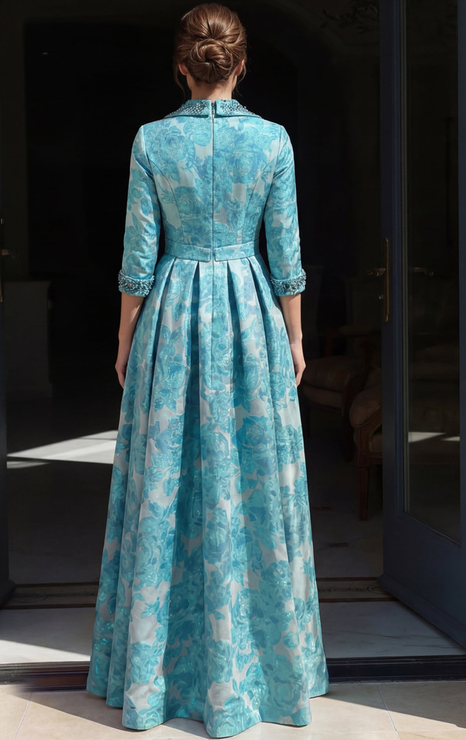 Jovani 52089 Floral Brocade Collared Neck Long Sleeve Gown