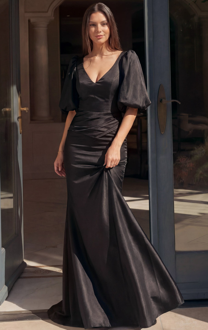 Jovani 43818 Satin V-Neck Puff Sleeve Ruched Waist Gown