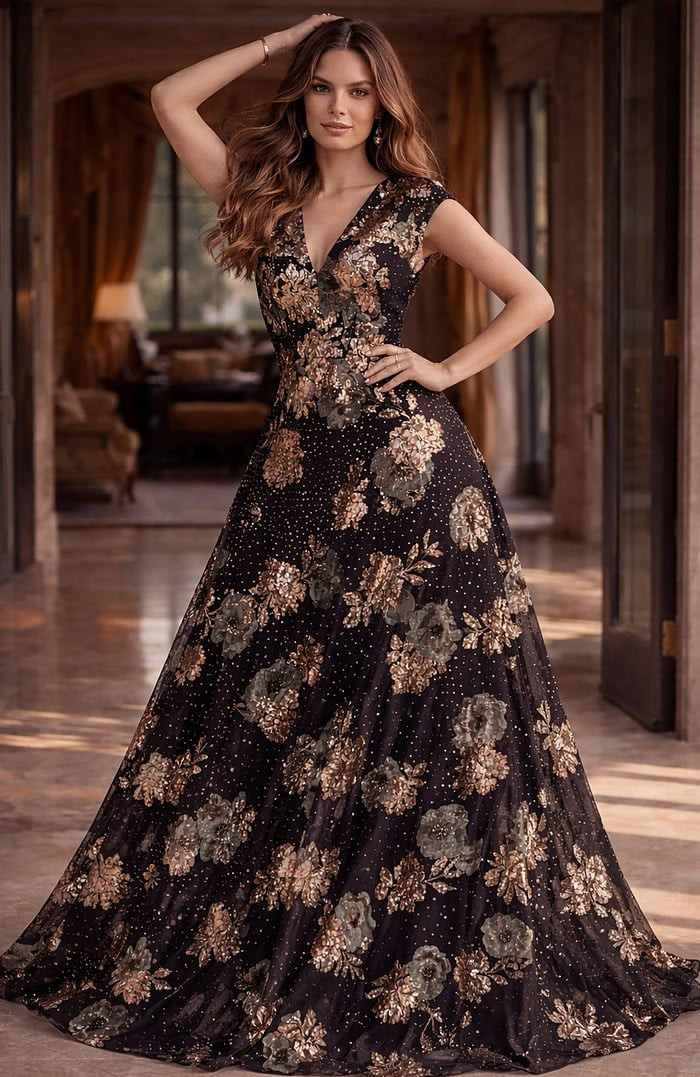 Jovani 46493 Jacquard Floral Sequin V-Neck Cap Sleeve Gown
